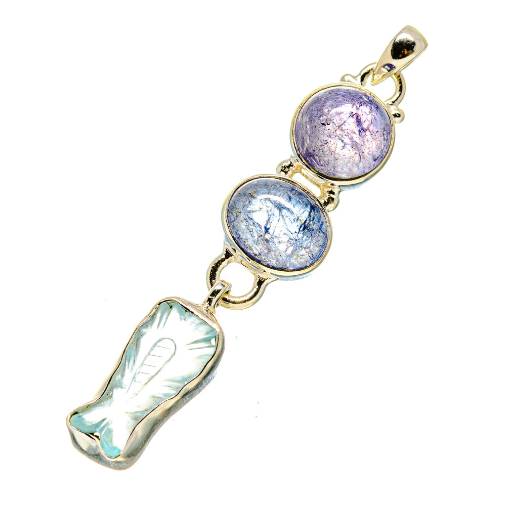 Aquamarine pendant with round purple-blue stones, teal stone, and silver bail