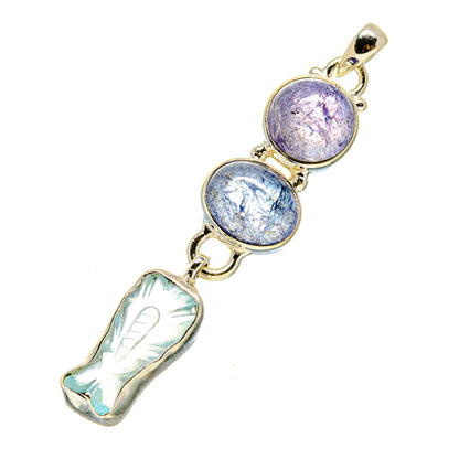 Aquamarine pendant with round purple-blue stones, teal stone, and silver bail