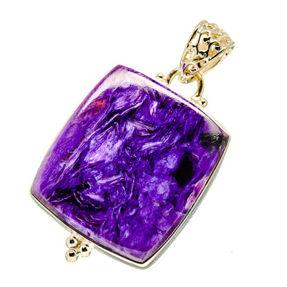 Charoite pendant with purple rectangular stone and ornate silver bail