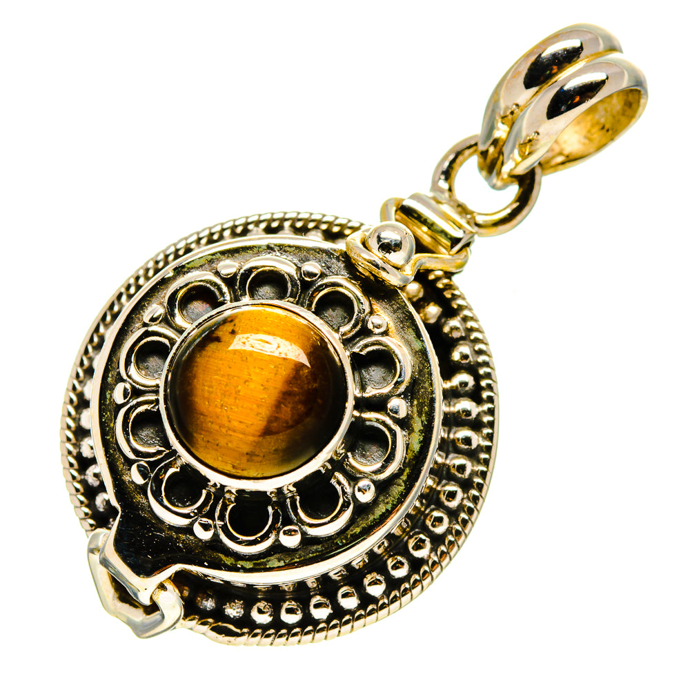 Round tiger eye pendant in detailed sterling-silver frame with top loop bail