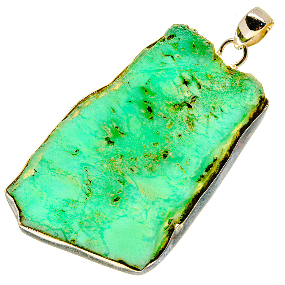 Rough green chrysoprase pendant with sterling silver bezel and top loop bail