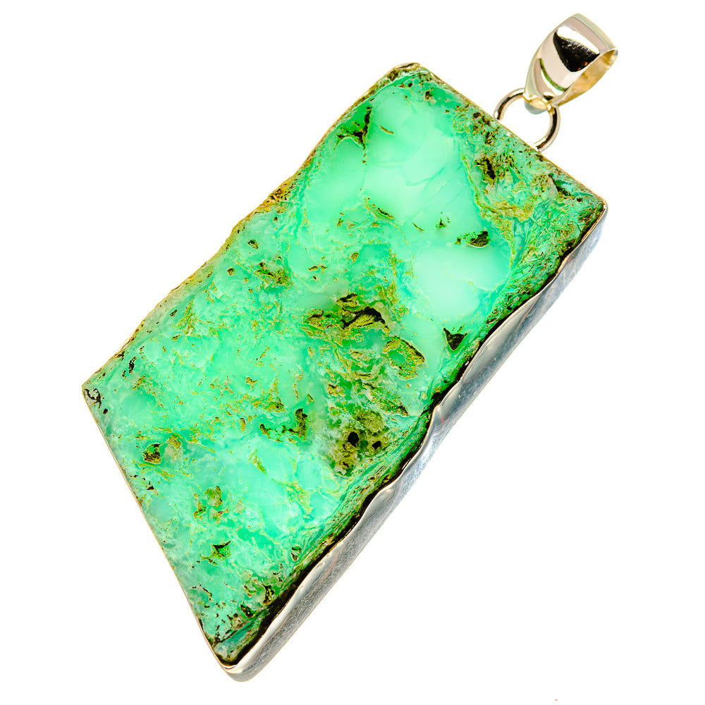 Rough green chrysoprase pendant with sterling silver edge and loop bail, angled view