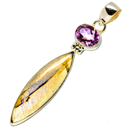 Amethyst and labradorite silver pendant with round purple top and oval blue-gold center