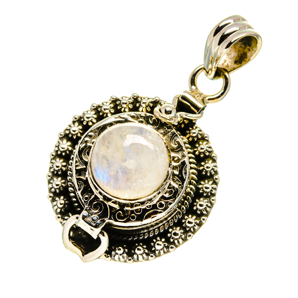 Sterling silver moonstone pendant with oval rainbow stone, decorative bezel and loop bail