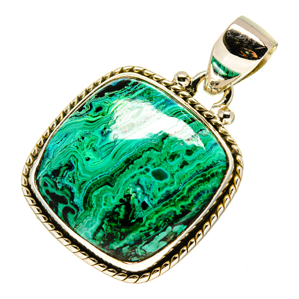 Malachite in chrysocolla pendant, teardrop green stone with gold-tone border and silver bail
