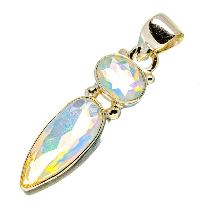 Opal pendant with three iridescent stones in silver-tone bezel links and bail