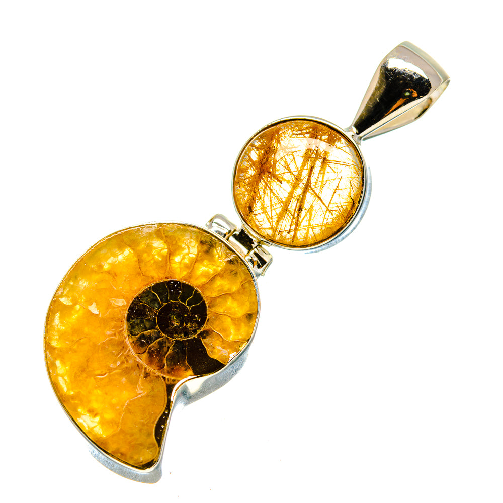 Rutilated quartz and fossil pendant with amber round stones, sterling silver setting