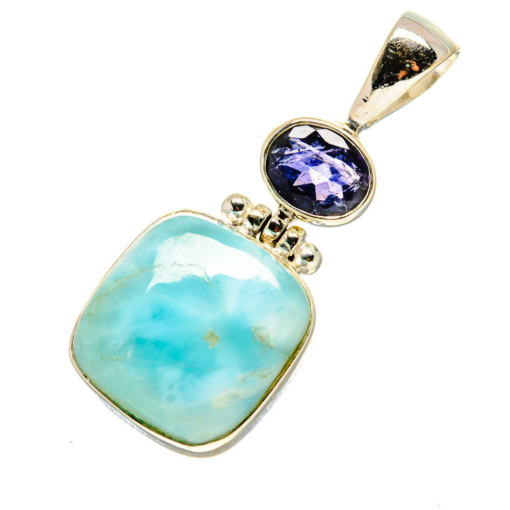 Oval Larimar and round purple Tanzanite sterling silver pendant with top loop.