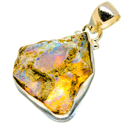 Rough opal pendant in gold-toned bezel with sterling silver bail, multicolor iridescence
