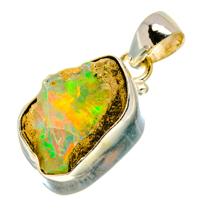 925 sterling silver rough Ethiopian opal pendant with iridescent green and orange stone