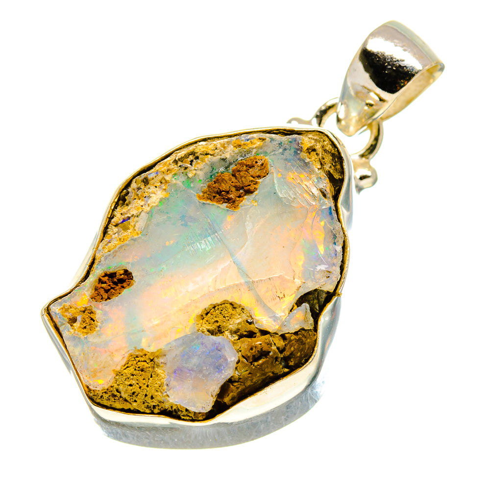 925 sterling silver opal pendant, rough blue-white iridescent stone with gold matrix