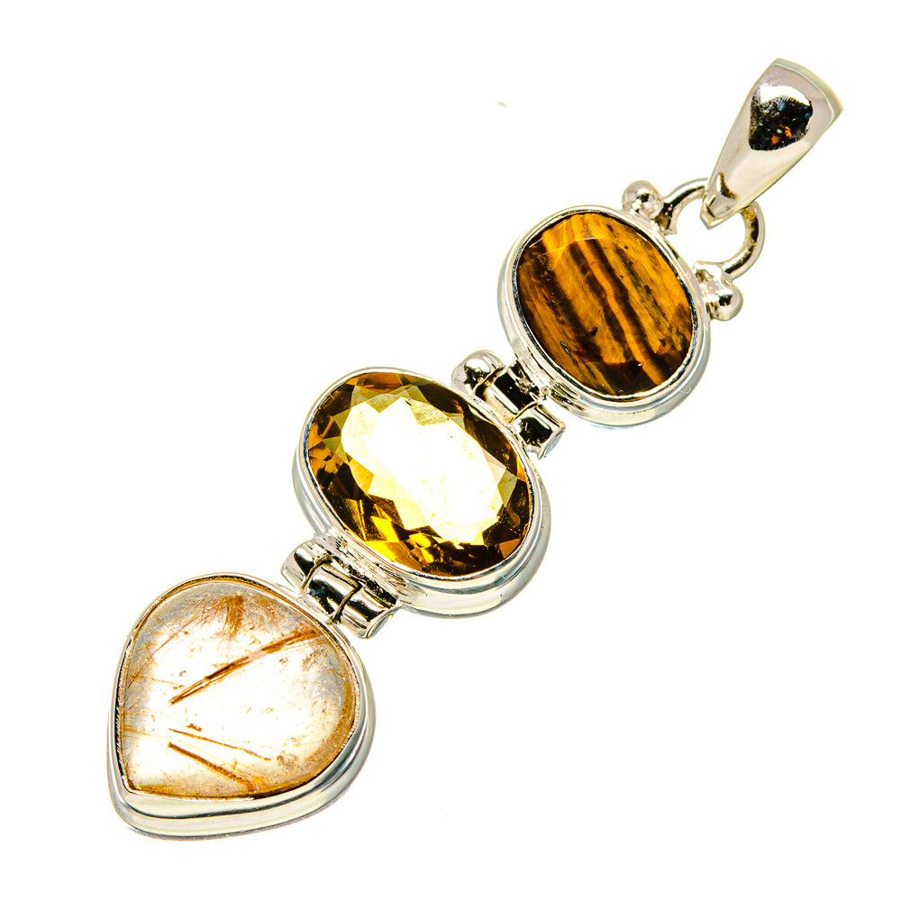 Sterling silver pendant with three oval stones: tiger eye, citrine, rutilated quartz, bail loop