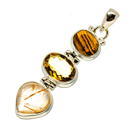 Sterling silver pendant with three oval stones: tiger eye, citrine, rutilated quartz, bail loop