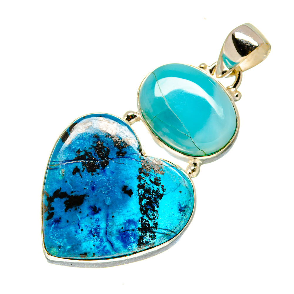 Sterling silver pendant with turquoise oval and blue shattuckite heart cabochons