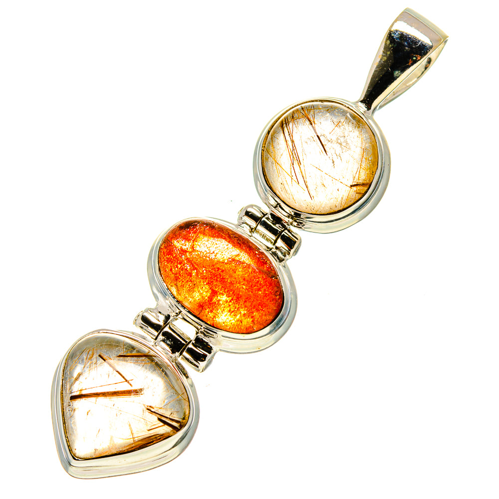 Heart-shaped gemstone pendant with silver links, two clear rutilated stones and orange sunstone