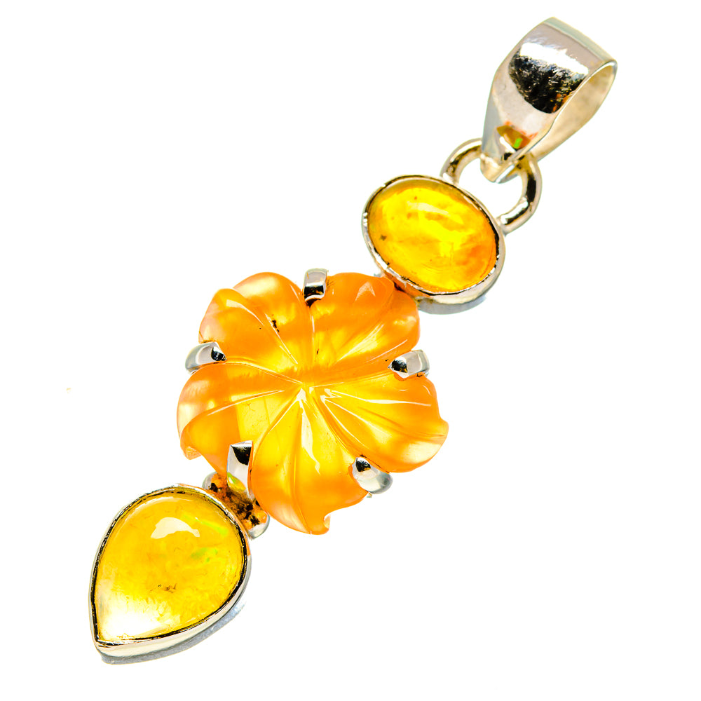 Sterling silver pendant with orange flower charm and three yellow oval gemstone settings