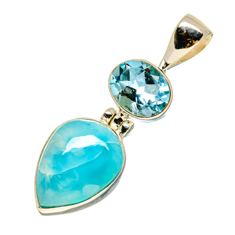 Sterling silver pendant with teardrop turquoise gemstone and round light-blue gemstone