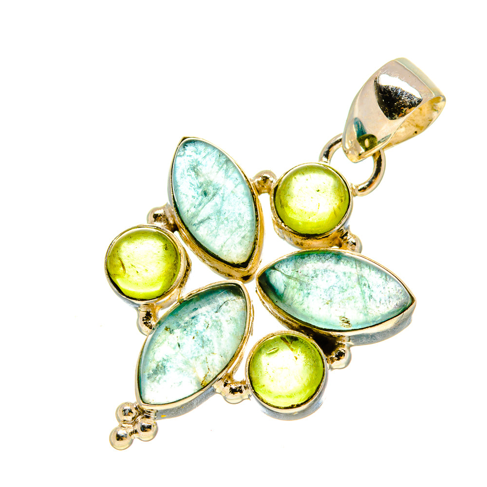 Sterling silver pendant with oval blue-green and green gemstones, leaf cluster design