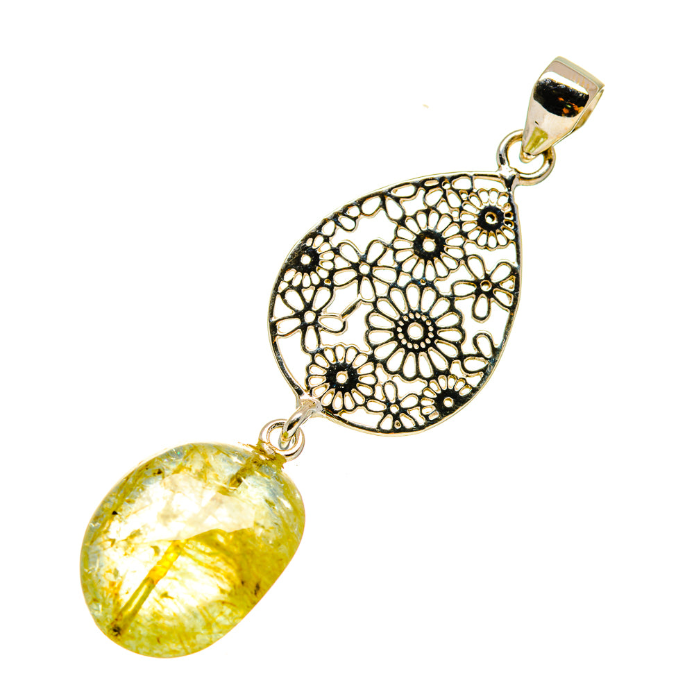 Sterling silver citrine pendant with floral filigree teardrop and oval yellow gemstone