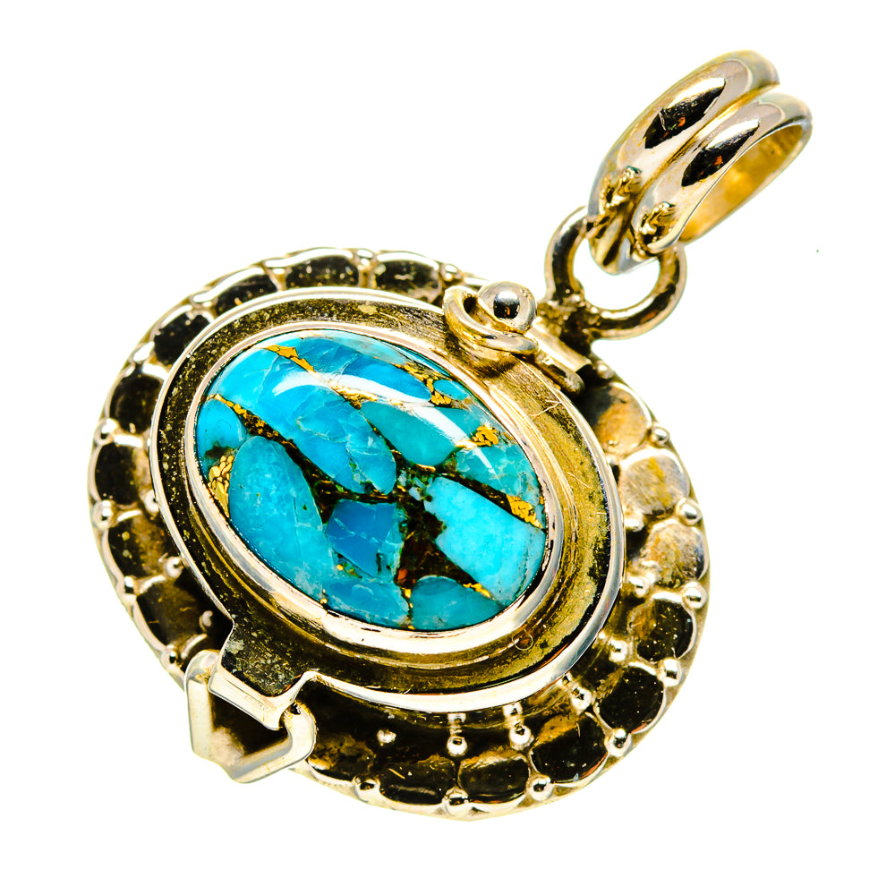 Turquoise oval pendant with gold-tone bezel, raised decorative border, and loop bail