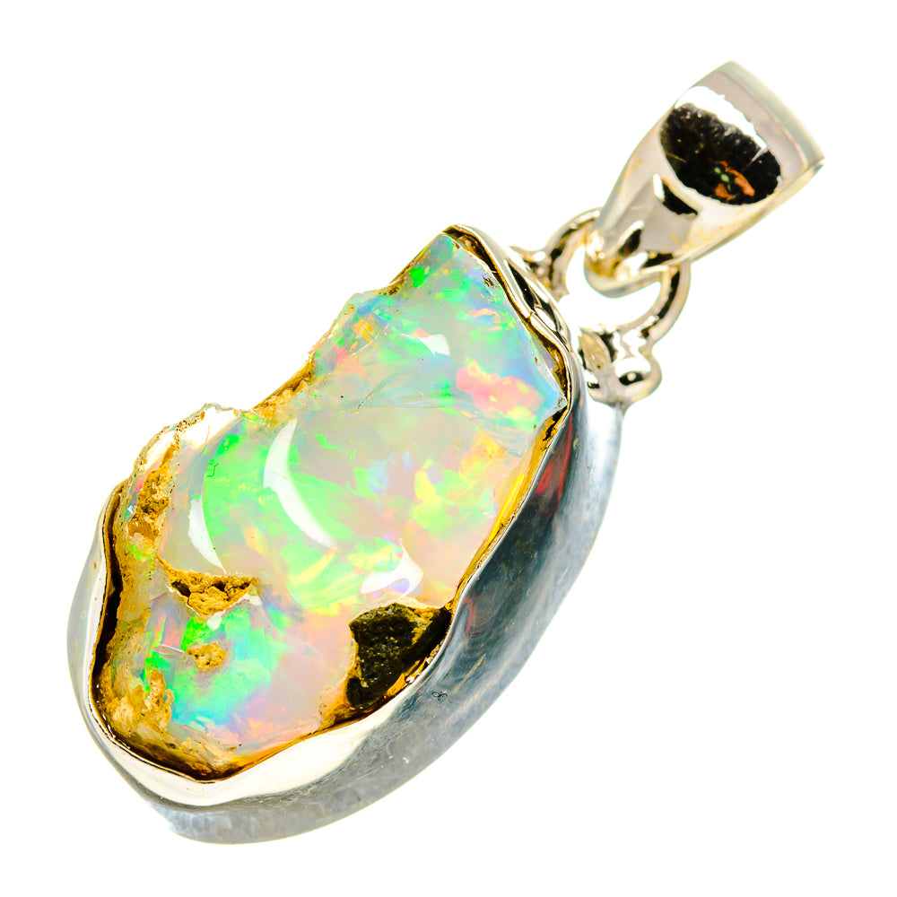 Rough opal pendant in 925 sterling silver with iridescent white-green stone and bail