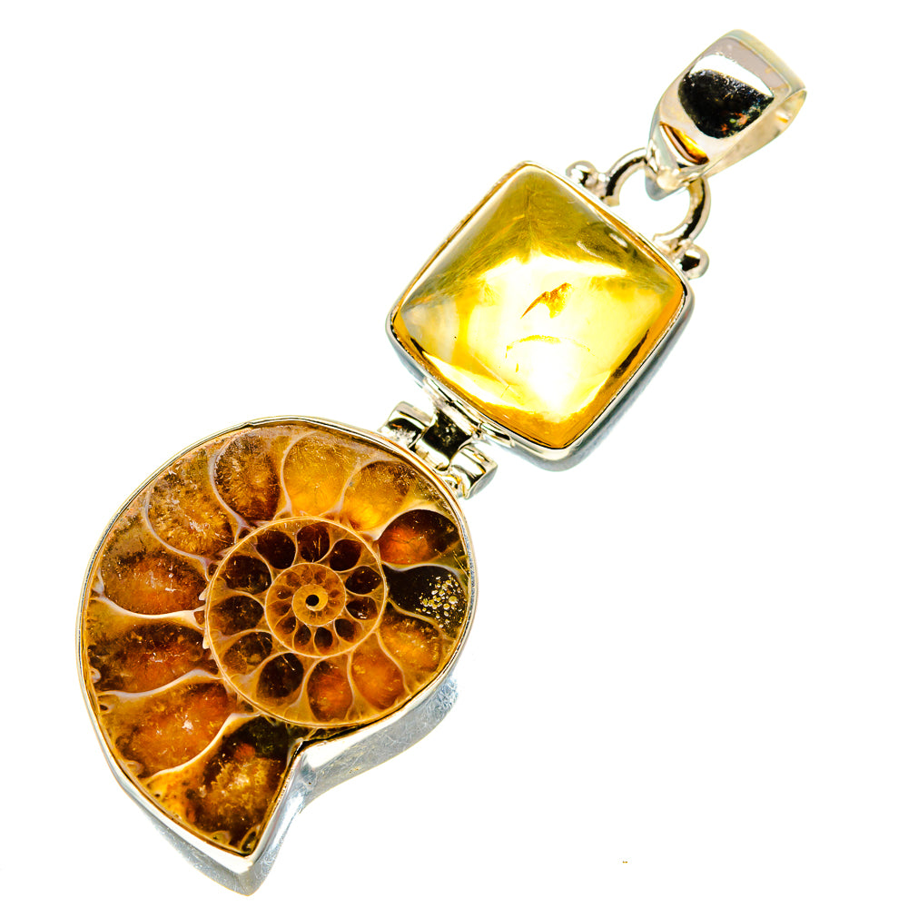 Ammonite fossil sterling silver pendant with yellow square top and circular fossil in teardrop frame