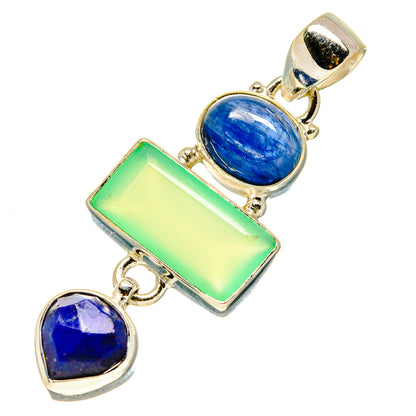 Sterling silver pendant with green rectangular stone and blue oval plus heart stones