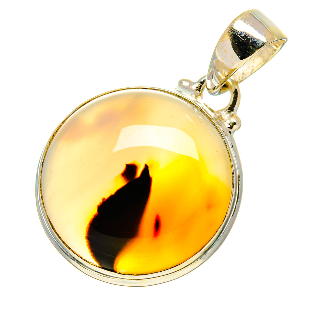 Round amber agate cabochon sterling silver pendant with black streak, bail