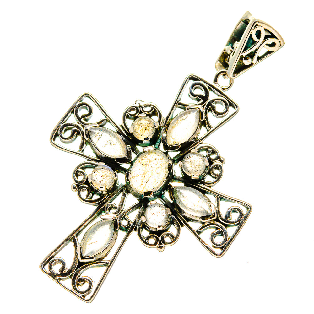 Sterling silver cross pendant with filigree edges and oval labradorite cabochons