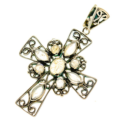 Sterling silver cross pendant with filigree edges and oval labradorite cabochons