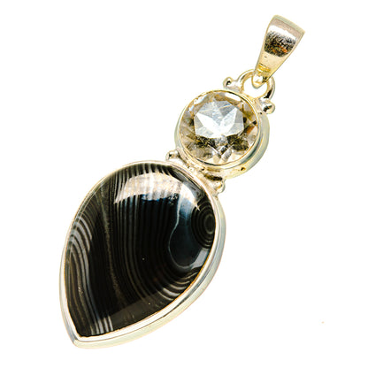 Sterling silver pendant with teardrop black striped stone and round clear quartz