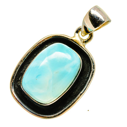 Larimar oval pendant with black bezel, silver-toned frame and bail