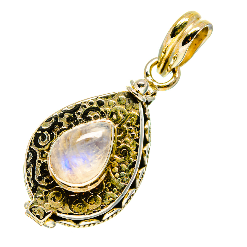 Teardrop moonstone pendant with rainbow iridescence, ornate gold-tone and silver setting