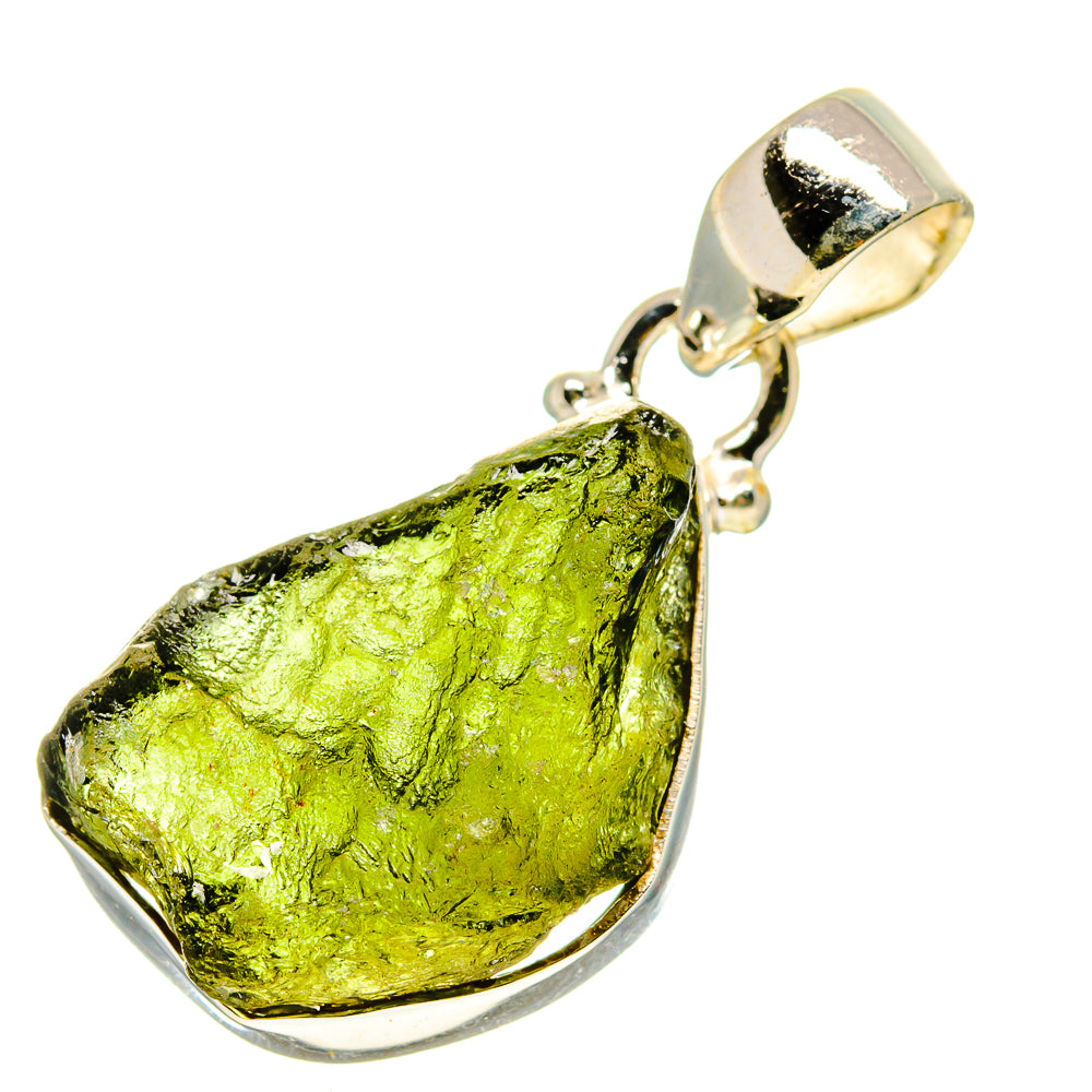 Green moldavite pendant with rough teardrop stone in 925 sterling silver bail