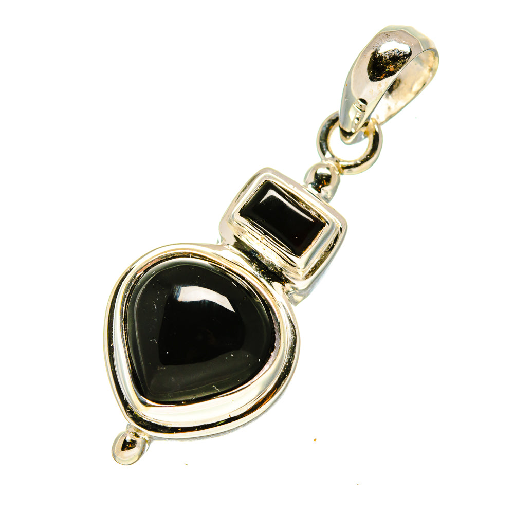 Sterling silver black onyx pendant with round bezel stone and square accent block, loop top