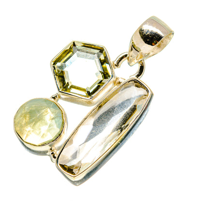 Sterling silver gemstone pendant with yellow-green square stone, oval, and clear rectangle