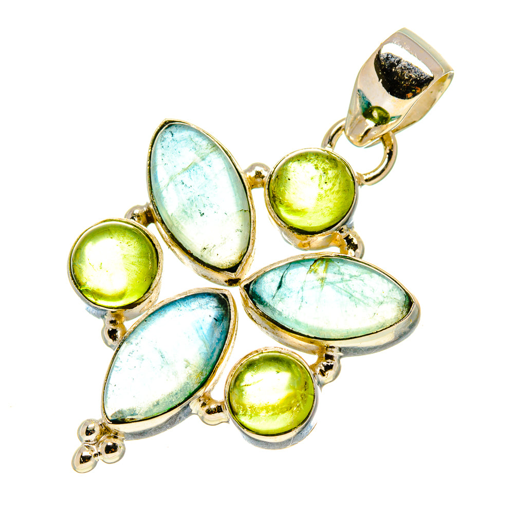 Sterling silver pendant with blue-green pear and oval stones, lime green accents