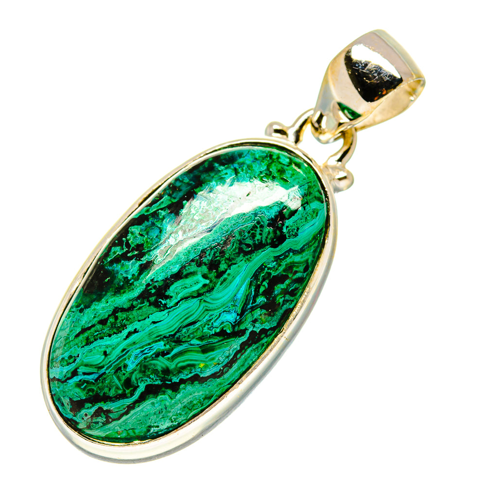 Oval green malachite-chrysocolla pendant with bale and polished 925 sterling silver frame