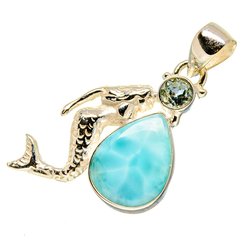 Sterling silver mermaid pendant with teardrop larimar and round blue gemstone