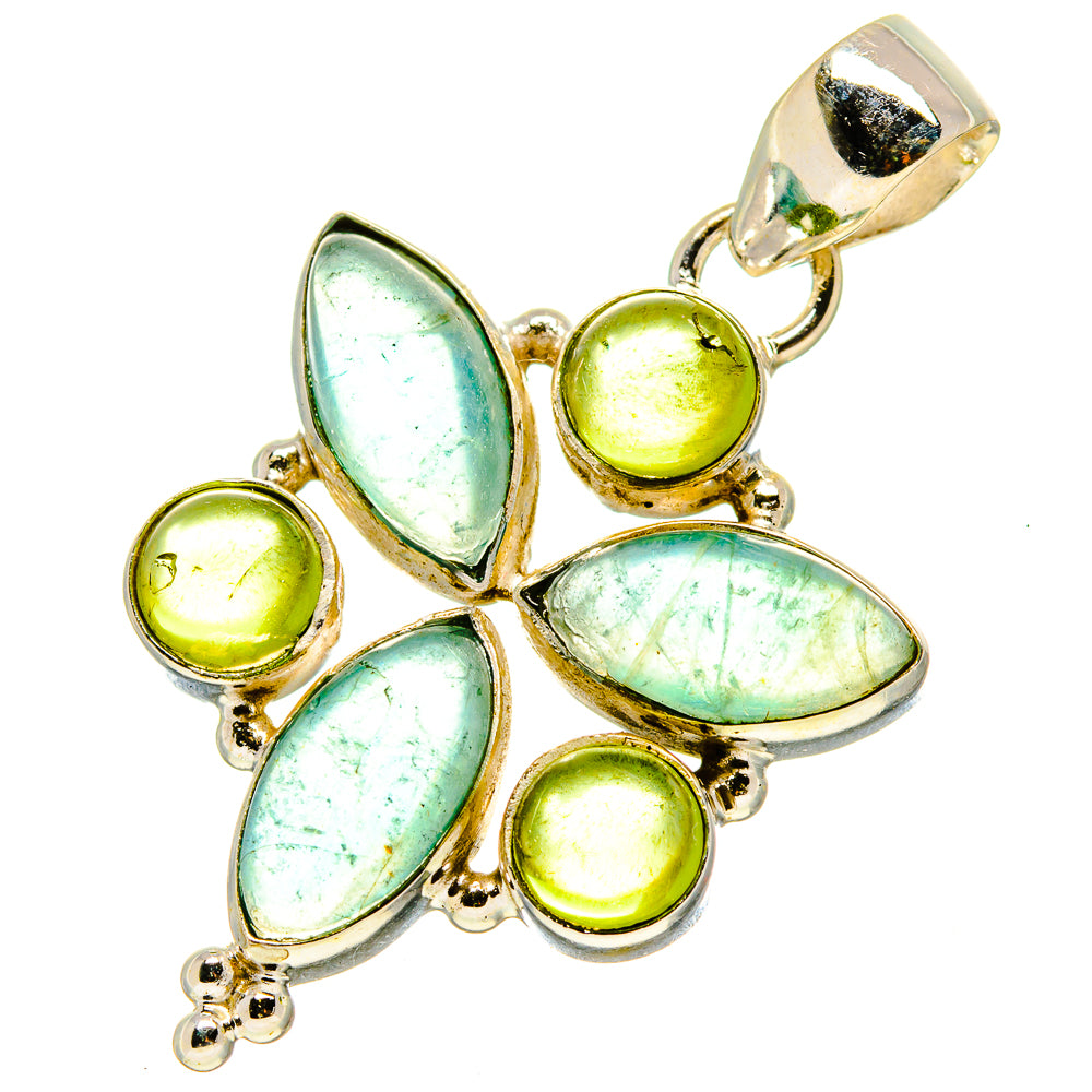 Sterling silver leaf cluster pendant with green peridot and light blue fluorite stones