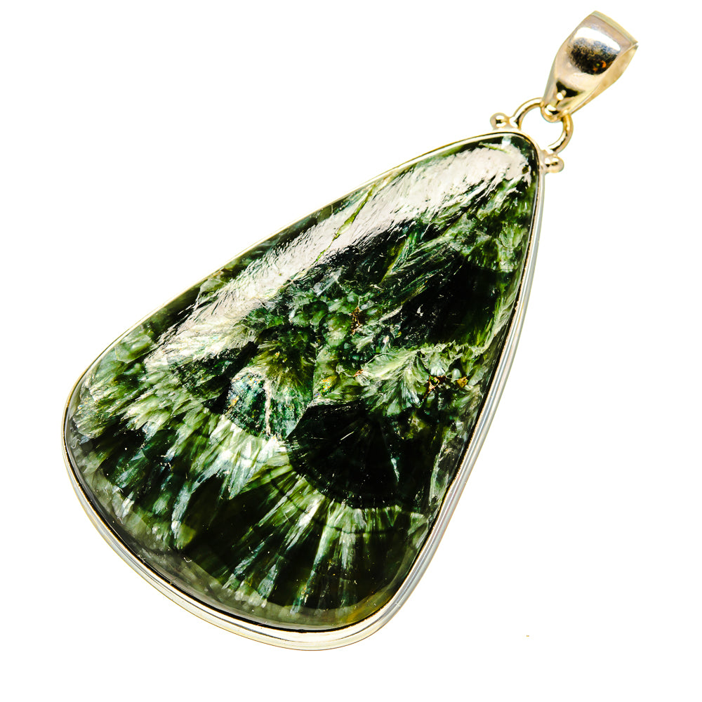 Seraphinite pendant with gold-tone bail and teardrop green stone in sterling silver bezel