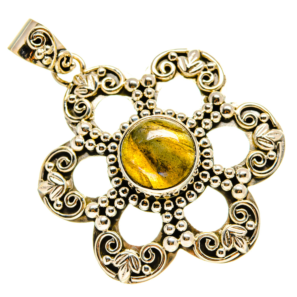 Labradorite pendant in gold-tone filigree with yellow-green oval stone