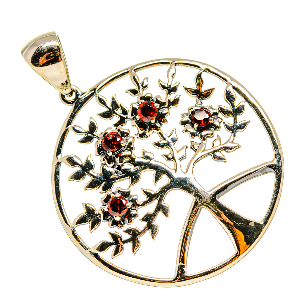 Garnet tree of life sterling silver pendant with red gemstone clusters