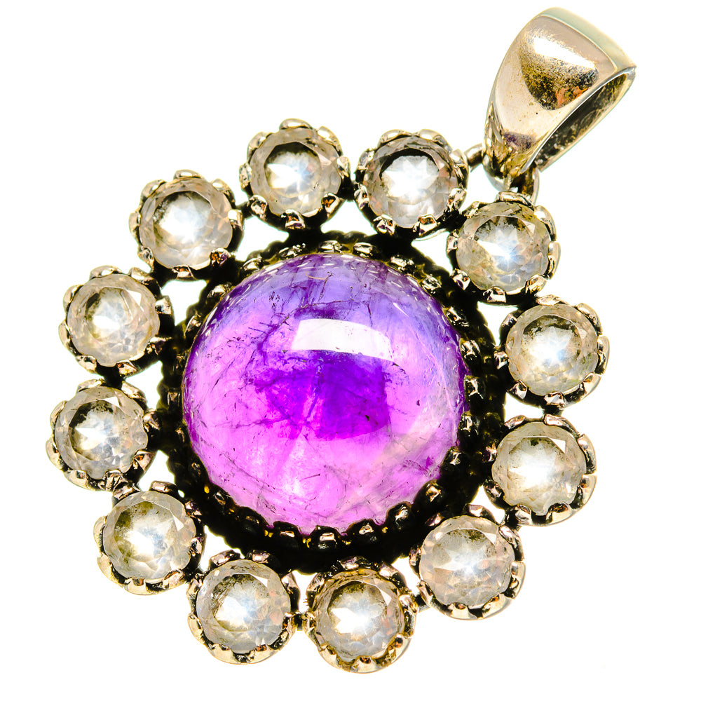 Amethyst and rainbow moonstone pendant, 925 sterling silver with purple cabochon center