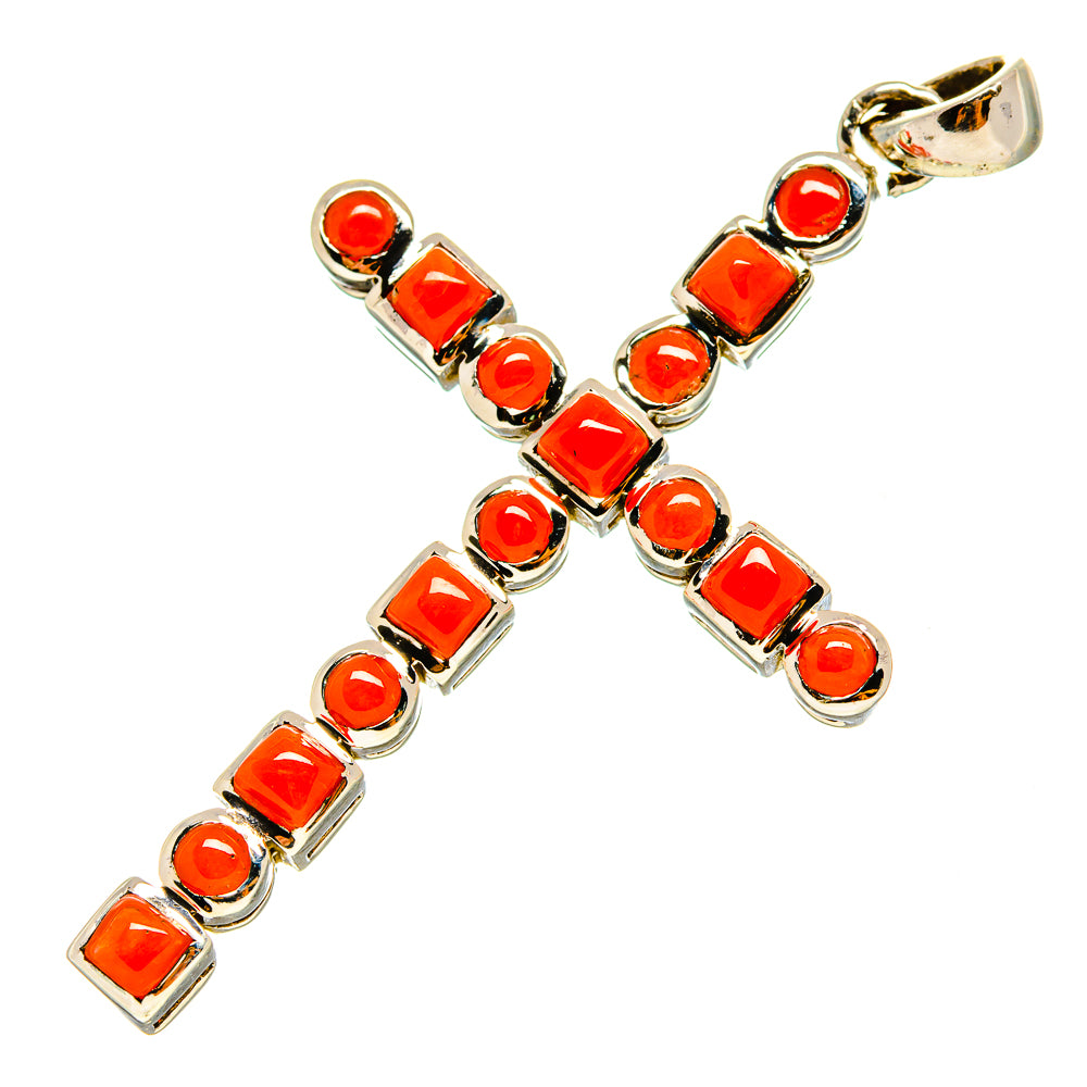 Cross pendant in 925 sterling silver with orange-red carnelian square and round stones