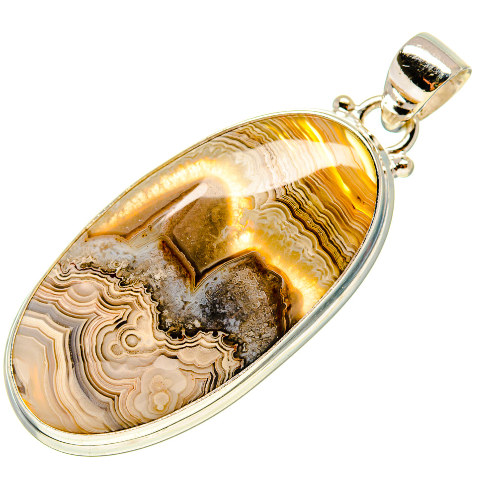 Oval lace agate pendant, 925 sterling silver bezel; banded gold, cream, and dark stone
