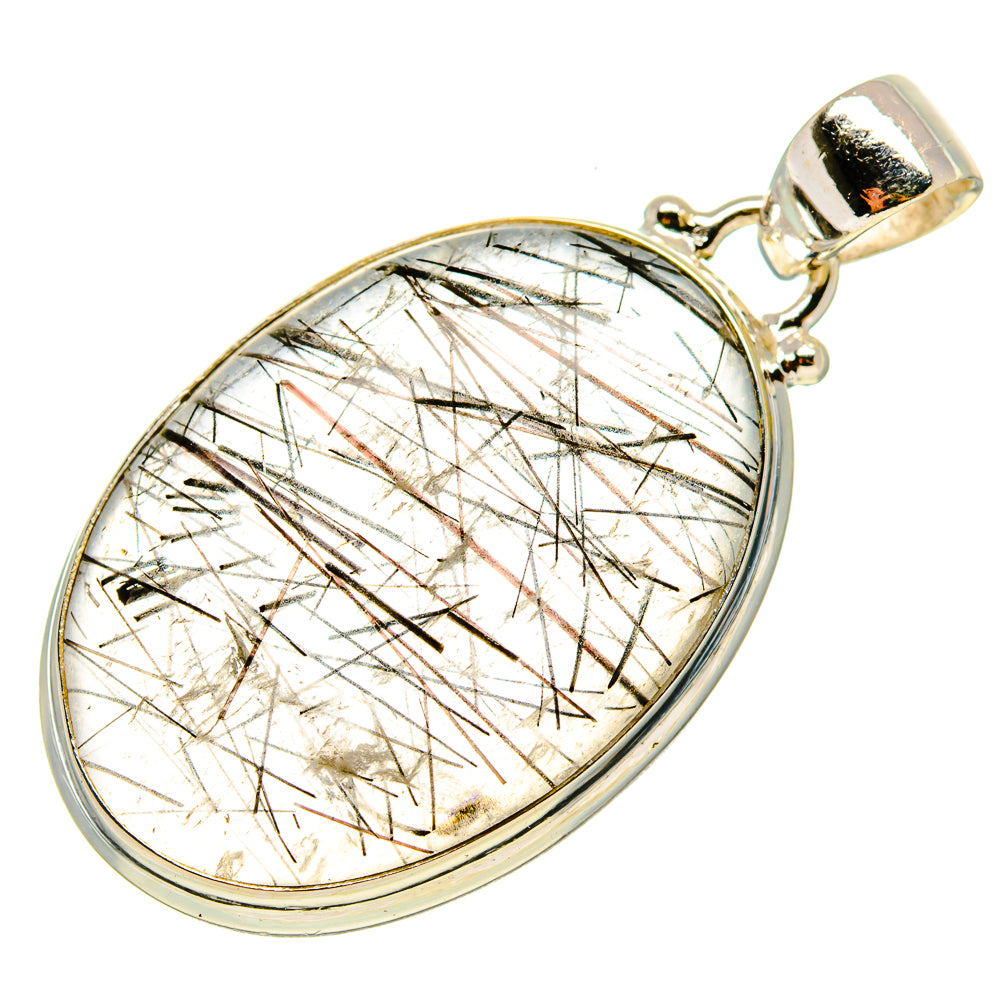 Oval tourmalinated quartz pendant in polished 925 sterling silver bezel, loop bail
