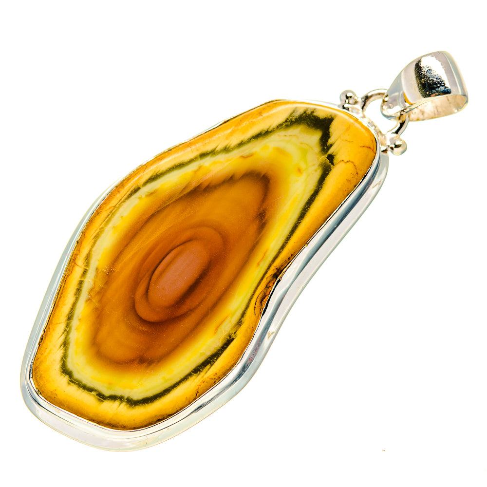 Oval yellow and green jasper pendant in 925 sterling silver bezel with bail