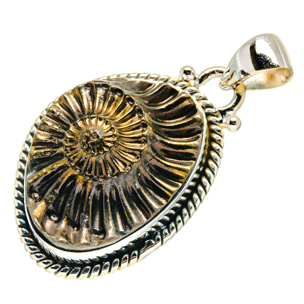 Teardrop pyrite fossil pendant in 925 sterling silver with spiral inlay and bail loop