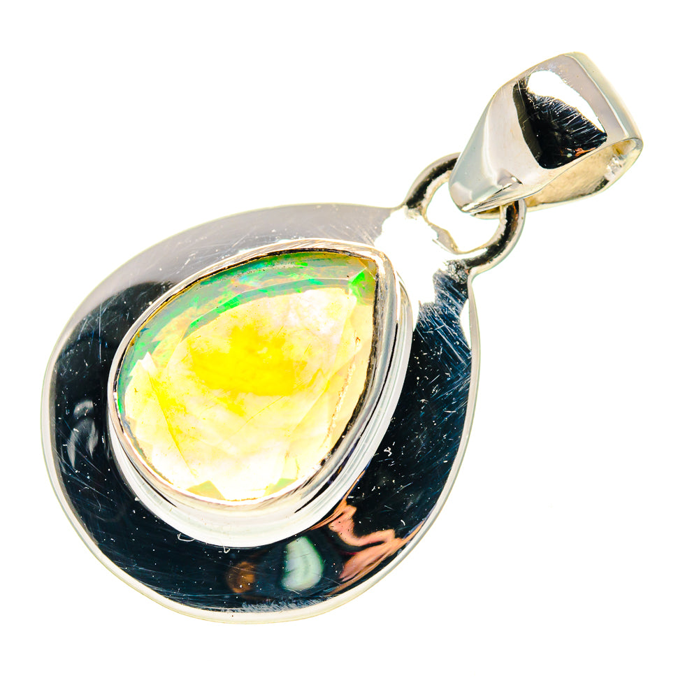 Teardrop opal pendant in 925 sterling silver, faceted Ethiopian opal with yellow-green glow